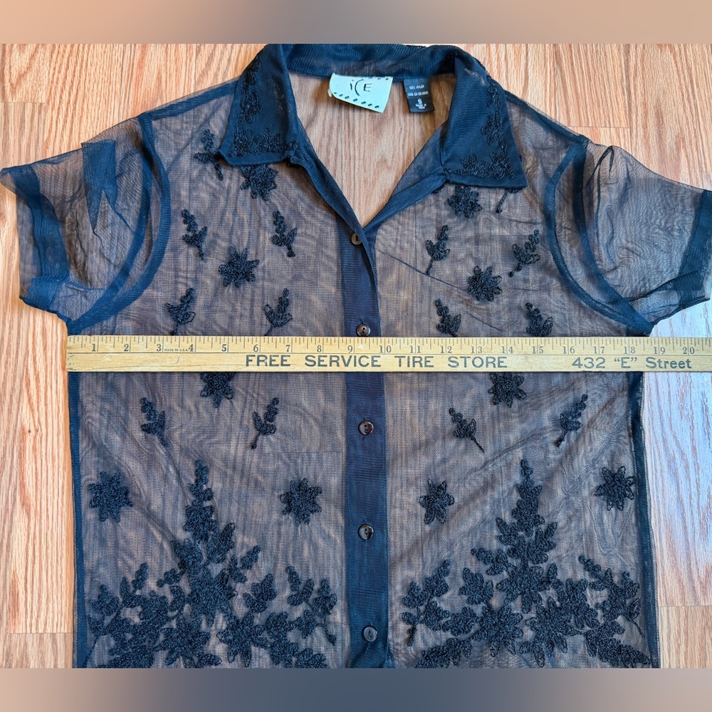 Vintage Sheer Black Embroidered Button Up Shirt Small Y2K Whimsigoth Mesh Floral - Picture 7 of 7